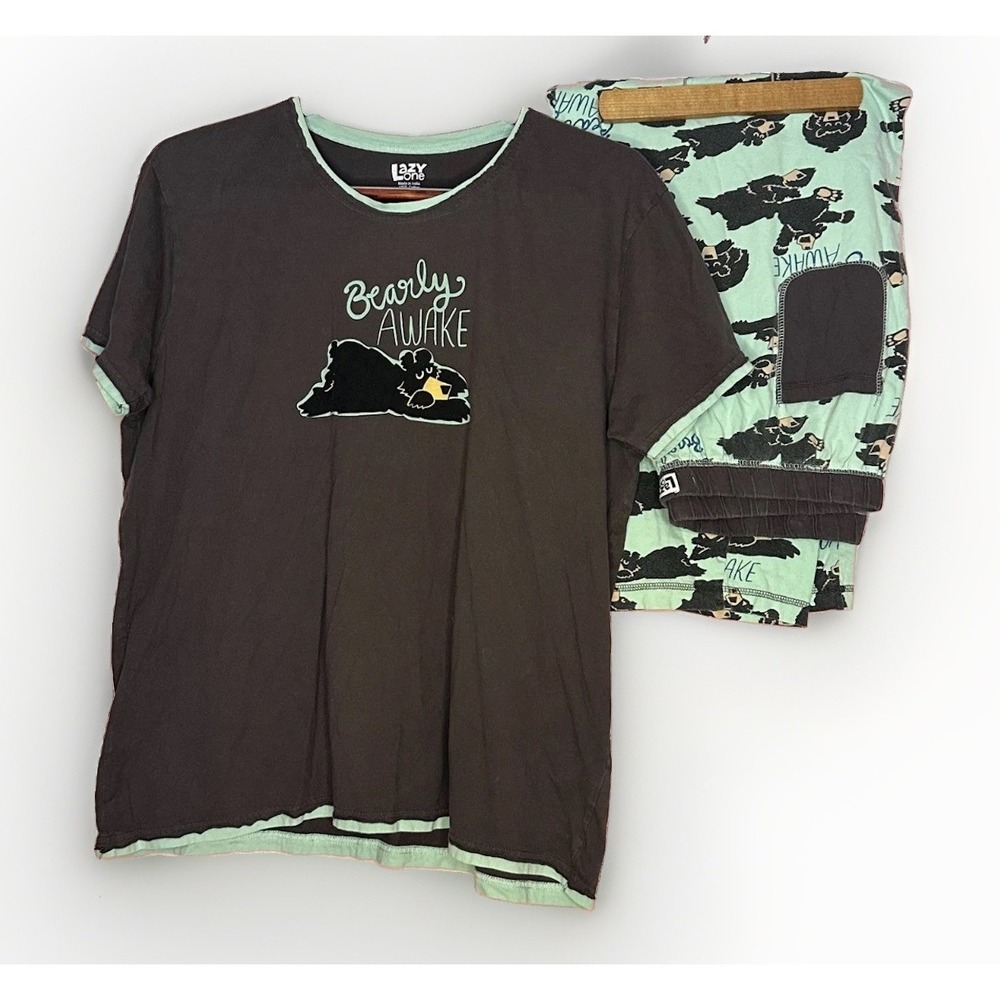 Lazy One XXL Beary Awake Pajama Set Bear Print Cotton PJ Top Pants Lounge *Flaw*